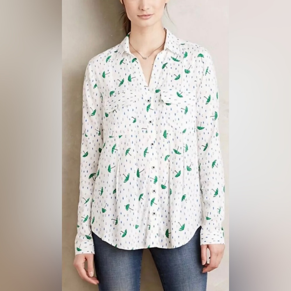 Anthropologie | Maeve Long Sleeve Whimsical Umbrellas & Rain Drops Blous…